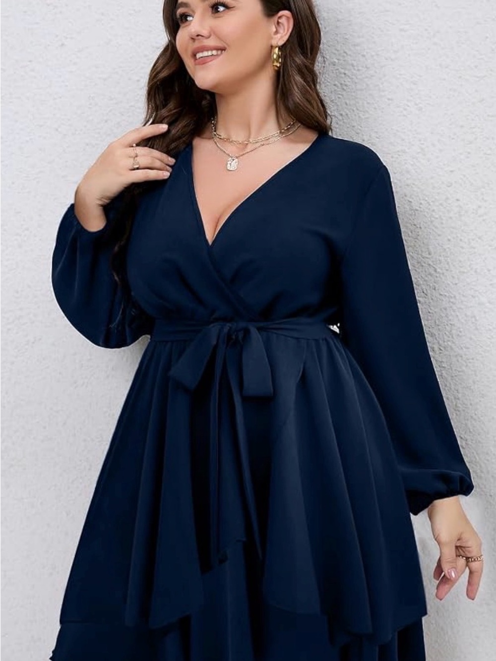 Plus Size Navy Wrap Tie Waist Dress